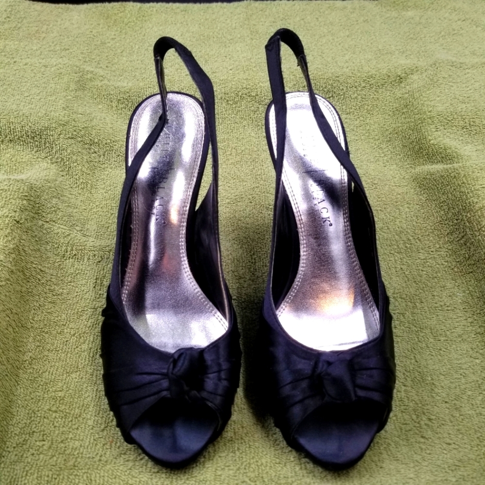 White House Black Market Womens Black Satin Open Toe Sling Back Heels Size 9